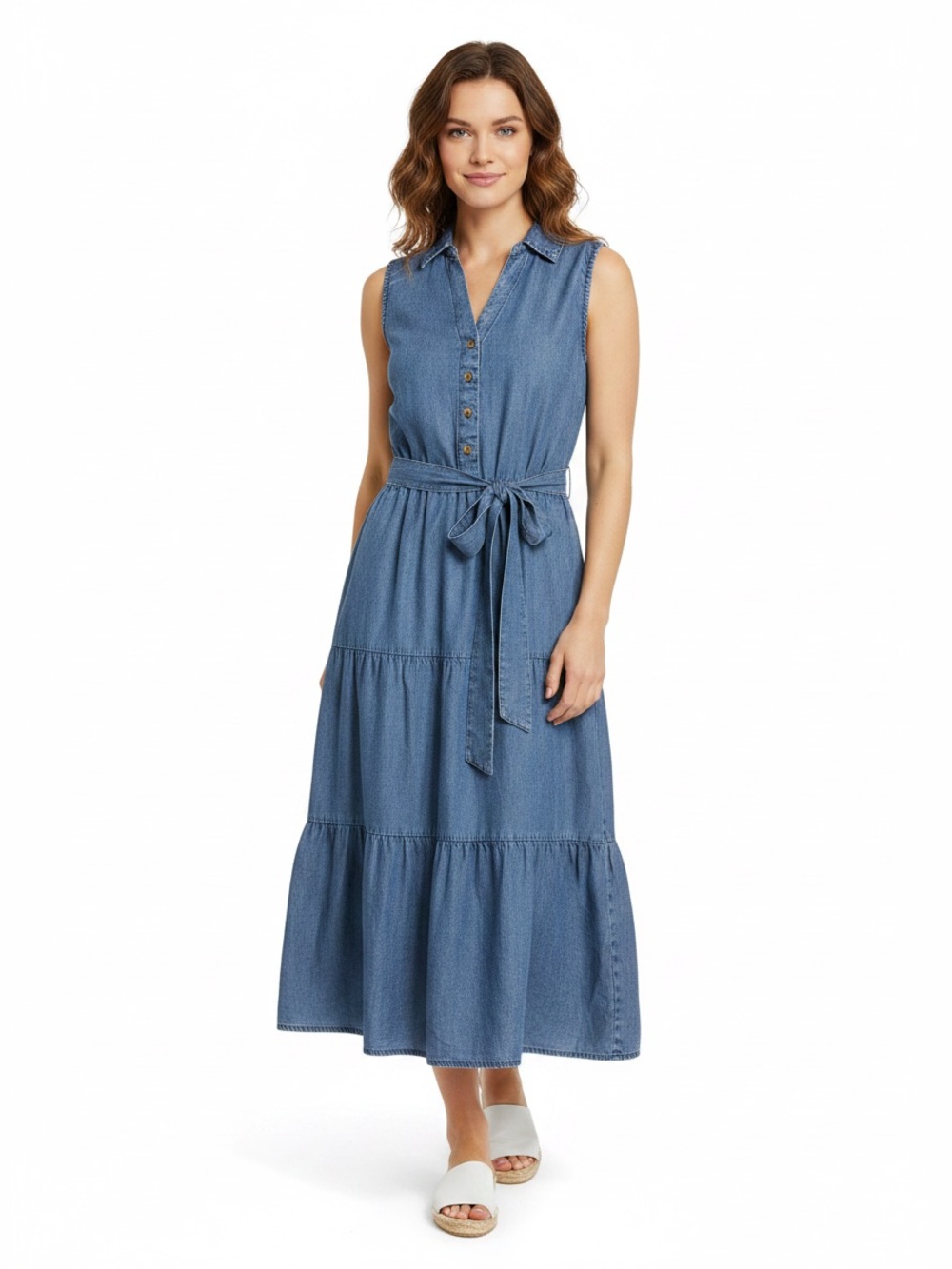 Jane + Delancey Denim Shirt Dress sleeveless tiered button front belt XS Lyocell